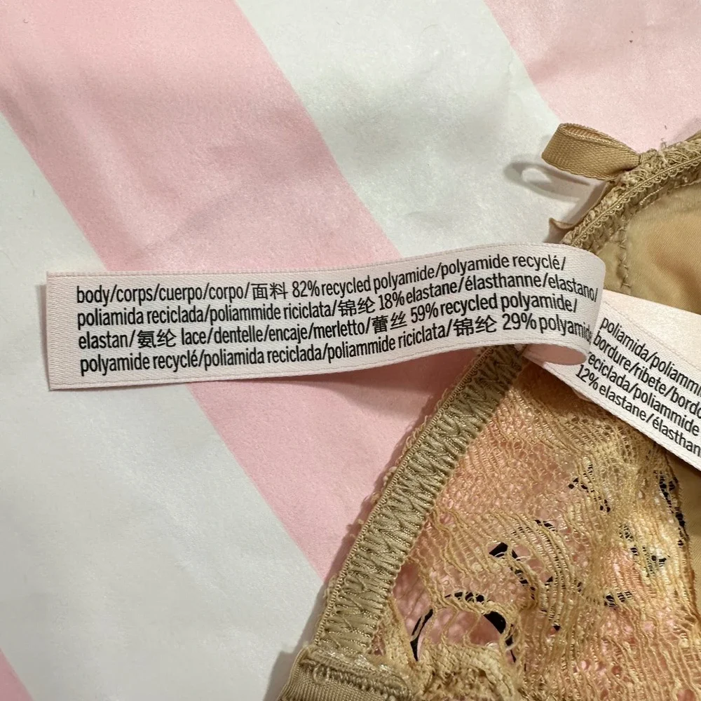 NWT Victoria's Secret Sheer Lace‎ Trim Thong Panty Tan Large